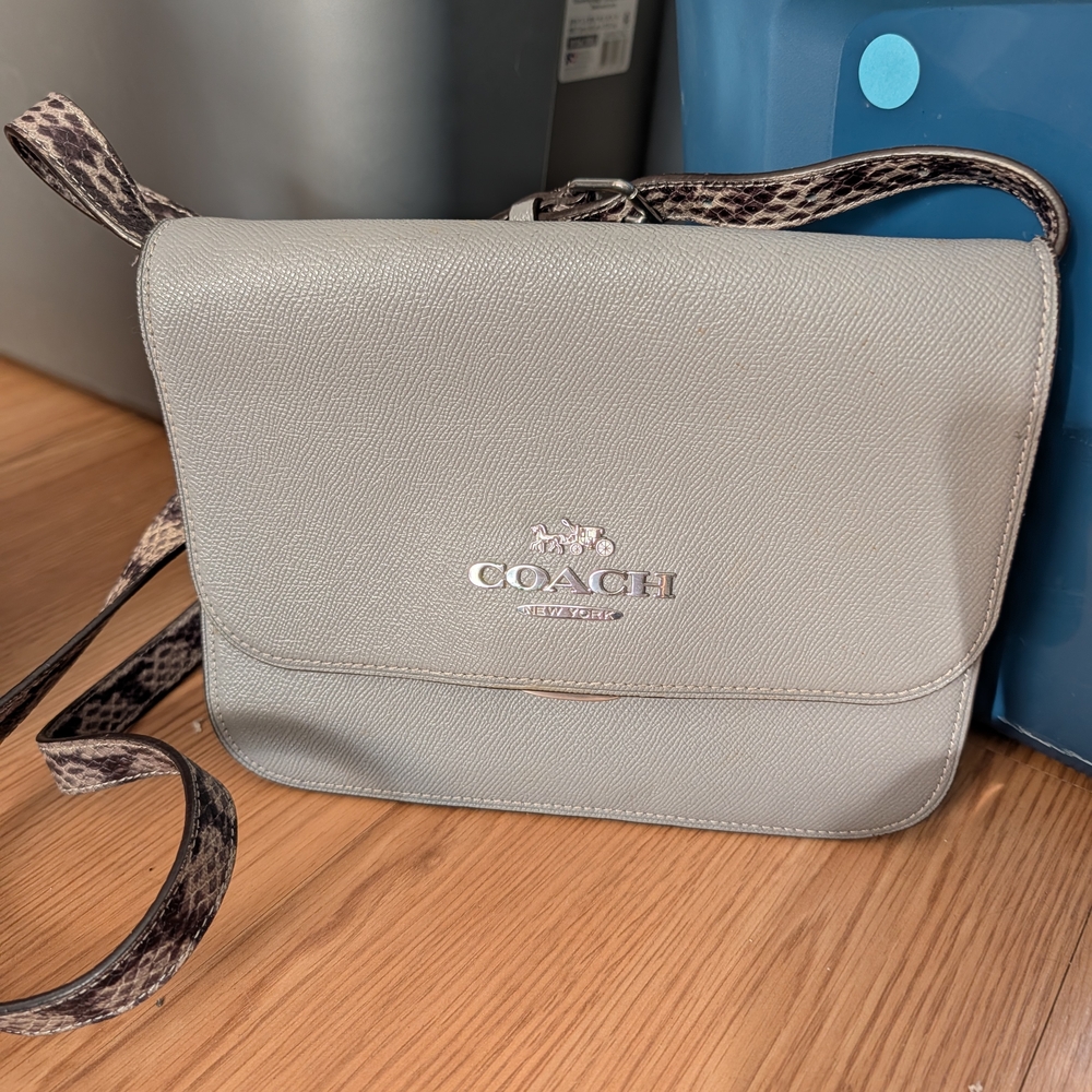 Coach Light Gray Pebble Leather Crossbody with Snake-Print Strap